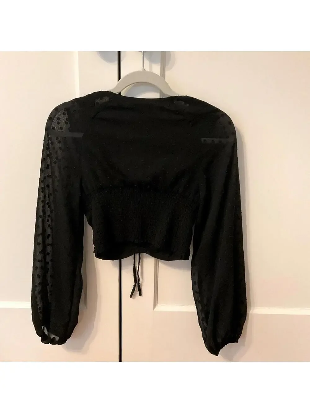 Whiteroom + Cactus black boho cropped shirt w sheer long sleeves NWOT S
